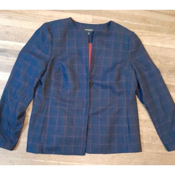 Talbots Wool Blend Career Formal Academia Preppy Size 14 Windowpane Blazer Blue - Picture 1 of 11